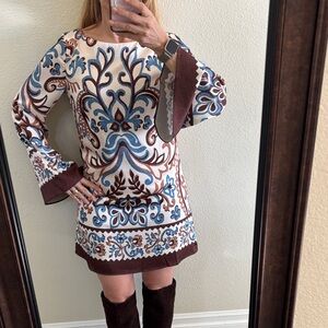 Skies Are Blue Cream and Blue Patterned Long Sleeve Dress